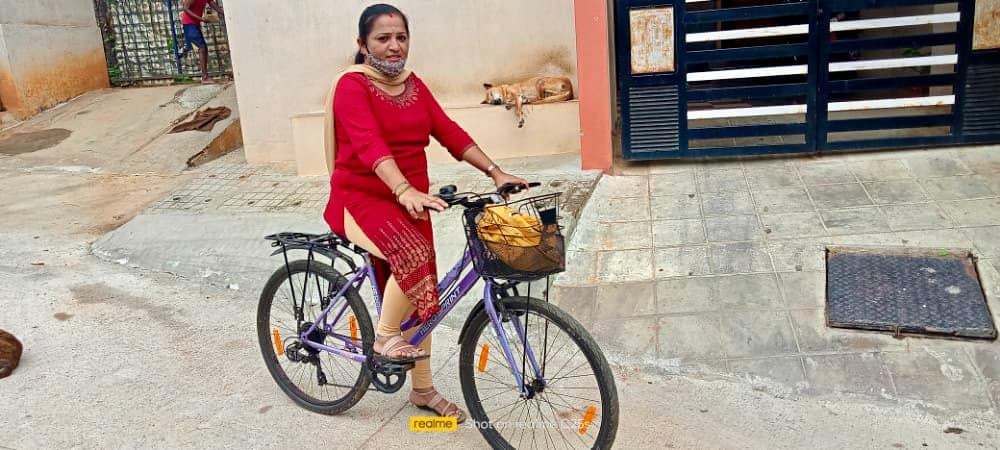 Sheela ready to go to work on her cycle