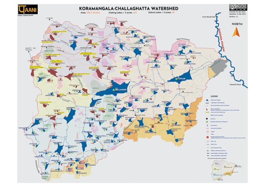 A map of the existing and extinct lakes and tanks of Bengaluru