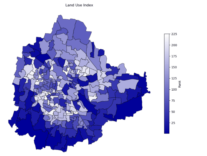Land use index heat map with built-up area and commercial area 