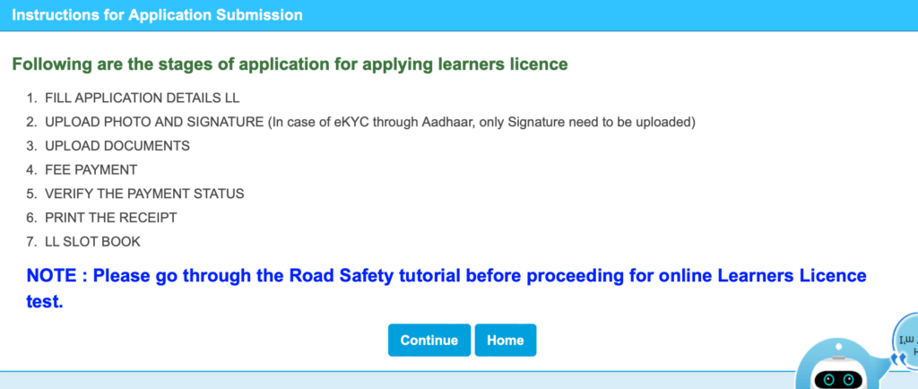 Instructions for applying for learner's licence