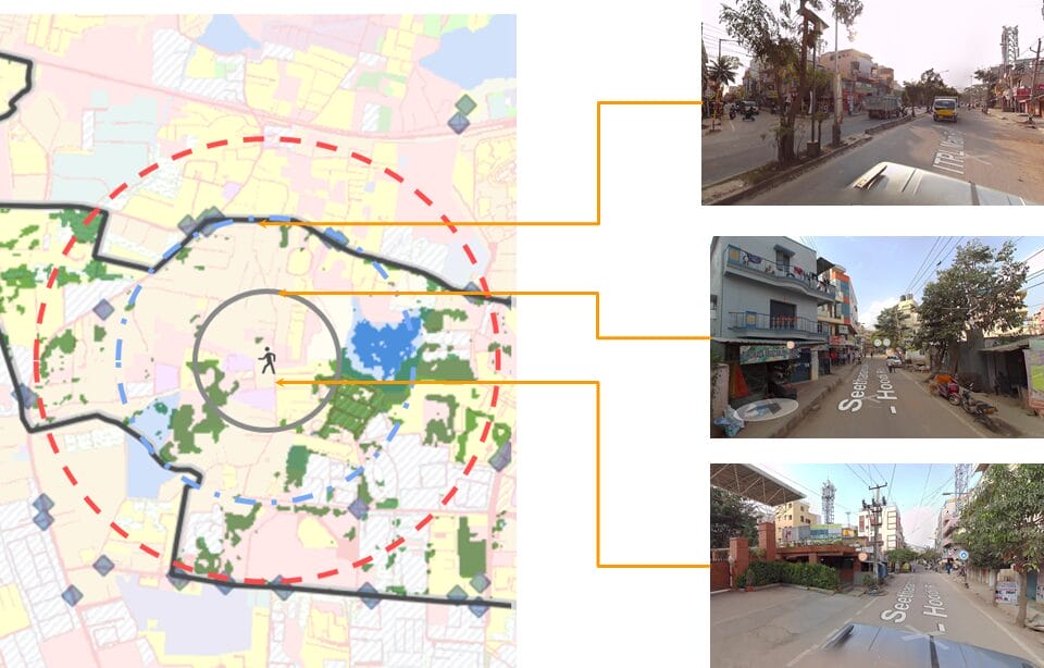 Sample Study, we looked at the path leading from the gate of Gopalan Institutions to Hoodi Circle, the nearest bus-stop, which is 1.5 km away.