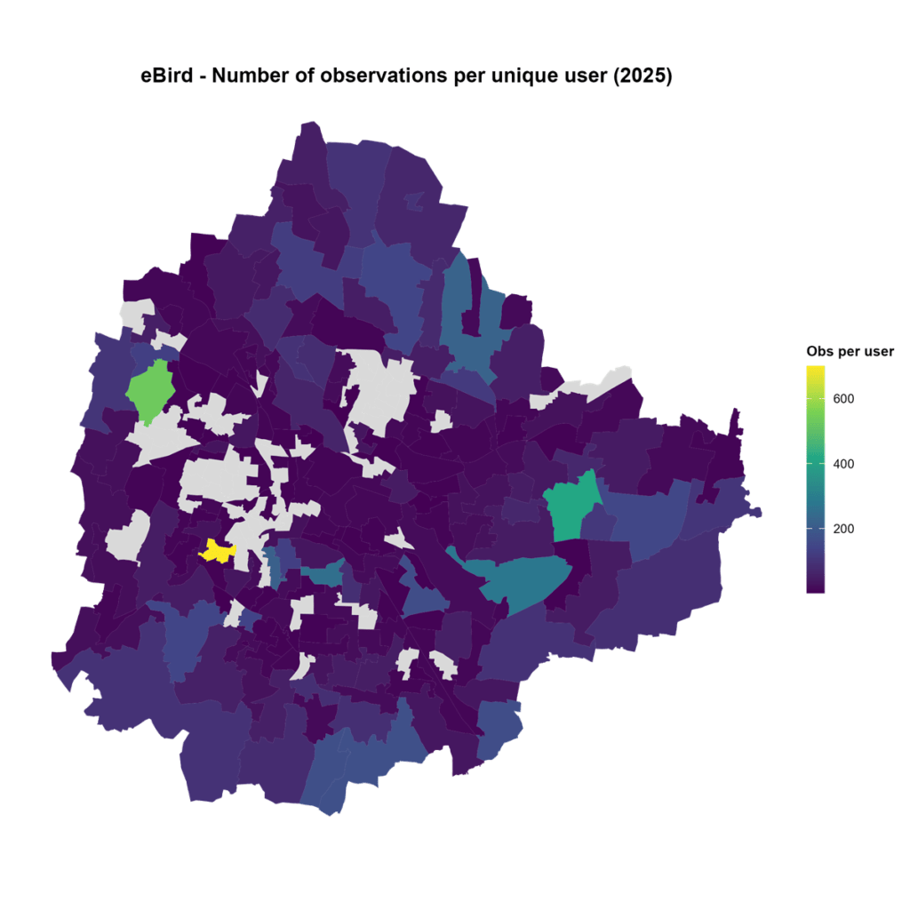 Spatial distribution of observer efforts in 2025
