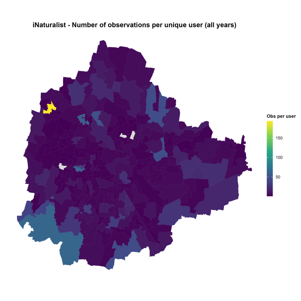 Ward-wise pattern of observer effort (number of observations per unique observer)