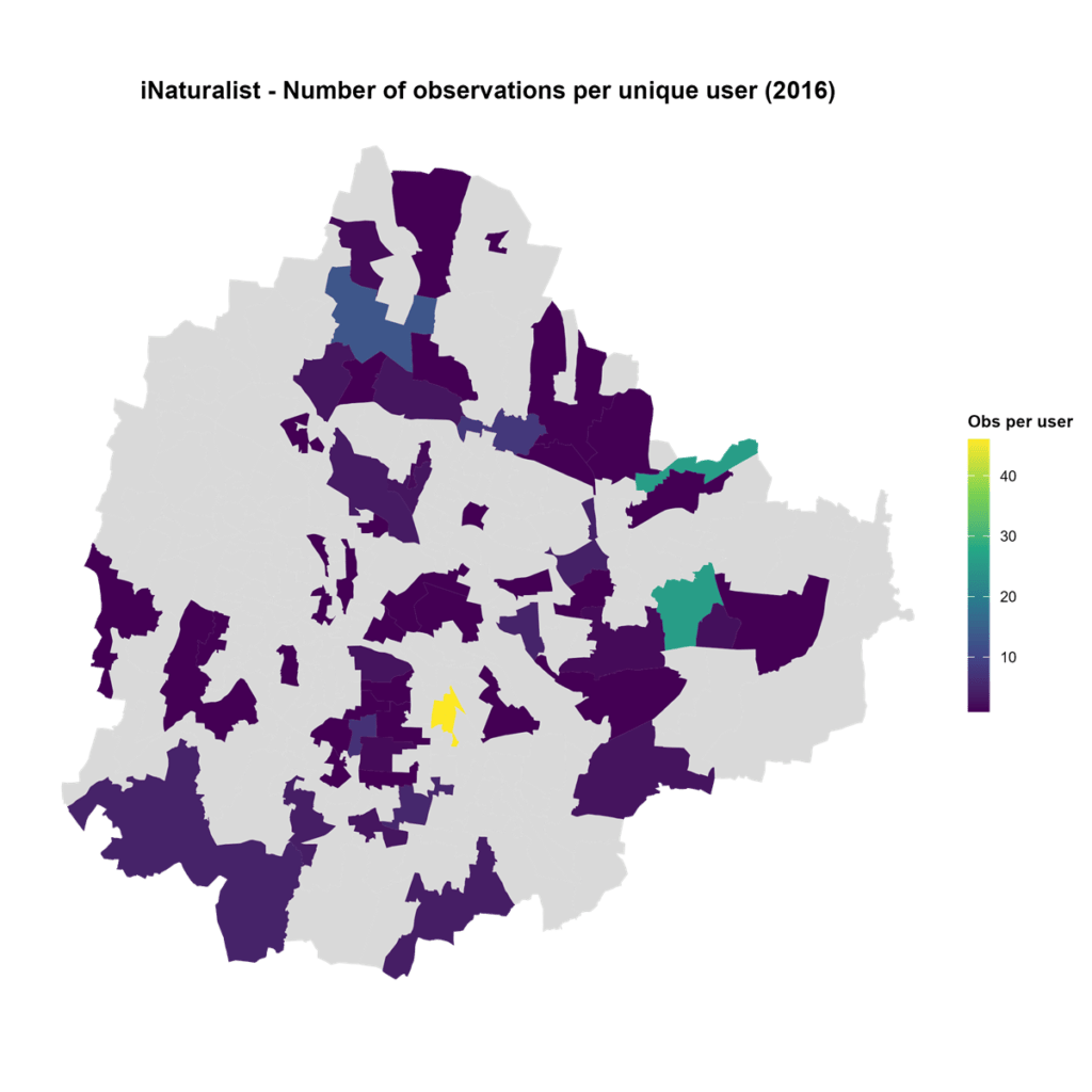 Ward-wise pattern of observer effort (number of observations per unique observer) in the year 2016