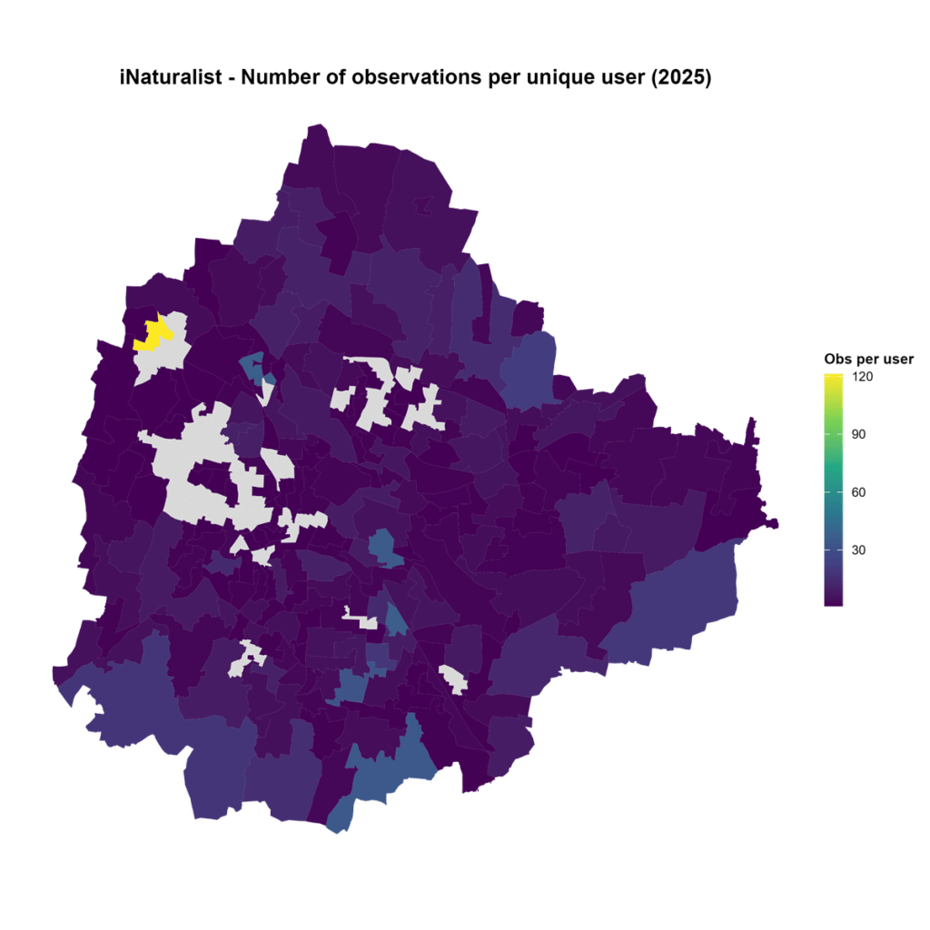 Ward-wise pattern of observer effort (number of observations per unique observer) in the year 2025